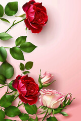 Red and pink roses isolated on pink background. Floral banner with copy space.