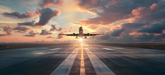 An airplane is landing on runway, amazing afternoon sun shining background . - obrazy, fototapety, plakaty