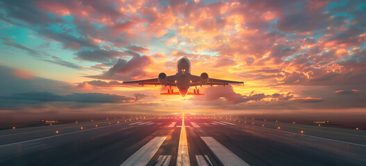 An airplane is landing on runway, amazing afternoon sun shining background . - obrazy, fototapety, plakaty
