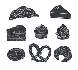 Vector set of hand drawn sketch doodle bakery pies isolated on white background