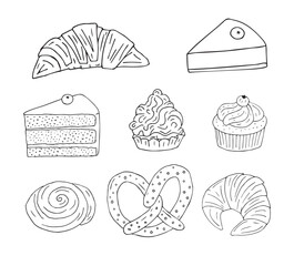 Vector set of hand drawn sketch doodle outline bakery pies isolated on white background