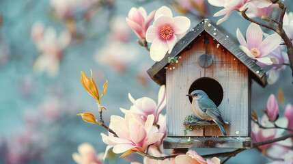 cute bird on a feeder with beautiful pink and white flowers around - obrazy, fototapety, plakaty
