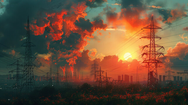 old poster retro Soviet style of energy machine engine providing electricy to a huge city, generative ai
