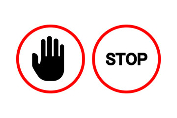 Pair of stop signs. Hand symbol and text warning. Prohibition and alert concept. Vector illustration. EPS 10.