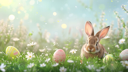 Fototapeta na wymiar easter bunny and easter eggs on field