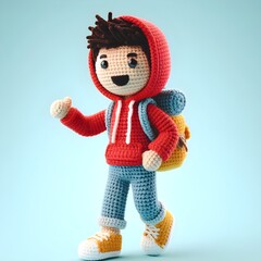 Ai Generated Crochet doll figure Young man cute excited funny smiling with backpack wears casual fashion clothes, hoodie, jeans, sneakers, is standing. 3d render