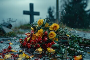 Fototapeta premium A moment of farewell, diving into the emotional depth of a funeral and farewell, where every tear and every word reflects the memory and respect for the one who has passed away