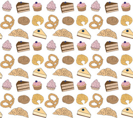 Vector seamless pattern of hand drawn sketch doodle colored bakery pies isolated on white background