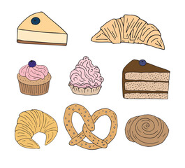 Vector set of hand drawn sketch doodle colored bakery pies isolated on white background