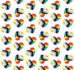 Vector seamless pattern of flat new lgbtq flag heart isolated on white background