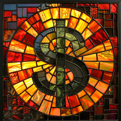 Logo with the letter S crossed out, symbol of the dollar, in the stained glass window of a church, colorful and circular like a golden coin - emblem of money, wealth, business and greed.