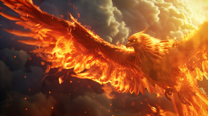 Phoenix rising from its ashes, with the body of an eagle engulfed in flames and wings of fire against a sky with clouds - spectacular mythical fantasy creature