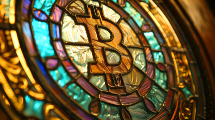 Logo with the letter B of Bitcoin in the colorful stained glass window of a church - symbol of digital money and new technologies as a modern faith.