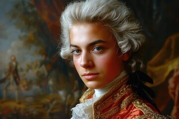 A creative soul, an inspiring immersion into the world of Wolfgang Amadeus Mozart music, where every note is filled with genius and passion, a great composer and musician. - obrazy, fototapety, plakaty
