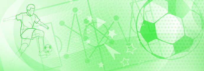 Football themed background in green tones with abstract dots, meshes and curves, with sport symbols such as a football player, stadium and ball