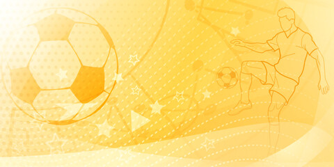 Football themed background in yellow tones with abstract dotted lines and curves, with sport symbols such as a football player and ball