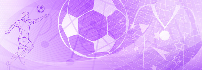 Football themed background in purple tones with abstract meshes and curves, with sport symbols such as a football player and ball