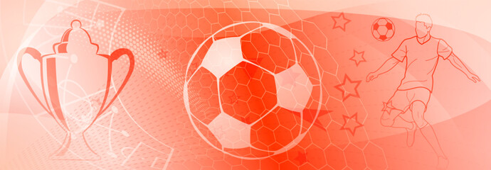 Football themed background in red tones with abstract meshes and dots, with sport symbols such as a football player, cup and ball