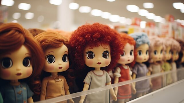 Different cute dolls at the supermarket or baby toy store.