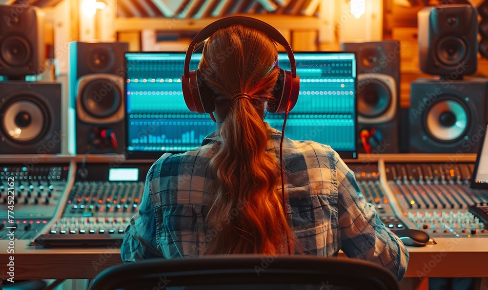 Wall mural a female artist in a soundproof studio recording music with a computer mixing desk and audio enginee