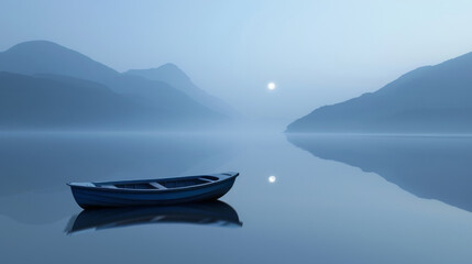 A lone boat floating on a tranquil lake the moons reflection rippling softly on the waters surface. . .