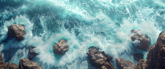 Aerial view of the ocean rocky shore. - obrazy, fototapety, plakaty