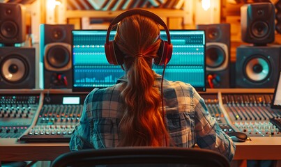 A female artist in a soundproof studio recording music with a computer mixing desk and audio engineer. Concept Music Production, photo from behind