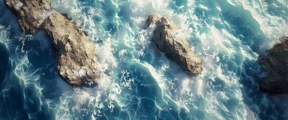 Aerial view of the ocean rocky shore.