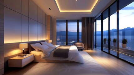 A sleek, modern bedroom exudes an air of quiet sophistication, its clean lines and uncluttered spaces inviting peaceful slumber.