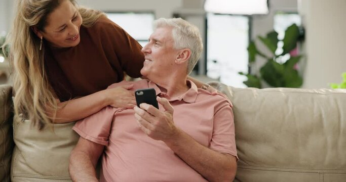 Home, old couple and cellphone with typing, connection and mobile user with social media and digital app. Apartment, senior man and mature woman with smartphone and marriage with help and teaching