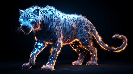 Fototapeta premium Glimmering Frustration: An Ice Cheetah Pierces the Night with Glowing Eyes, a Captivating Portrait of Struggle and Strength in Wintry Solitude