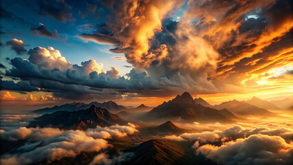 Mountain Sunset Sky in Orange and Blue with Dramatic Clouds
