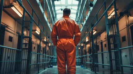 man in an orange suit entering a prison observing the daytime cells in high resolution and high quality. concept prison, freedom, locked up - obrazy, fototapety, plakaty