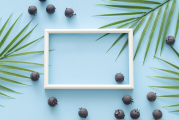 Blueberries and tropical palm leaves with white frame copy space on light blue background. Creative...