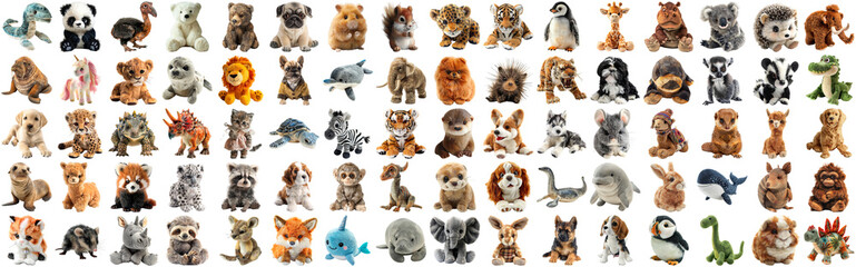 Fototapeta premium Big set of cute fluffy animal dolls for nursery and children toys, many animal plush dolls photo collection set, isolated background AIG44