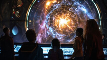 A group of space travelers eagerly focus attention on a large illuminated map of uncharted galaxies preparing to embark on an . .