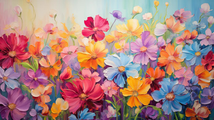 bright colorful flowers painted with oil paints. colors of rainbow. summer floral background