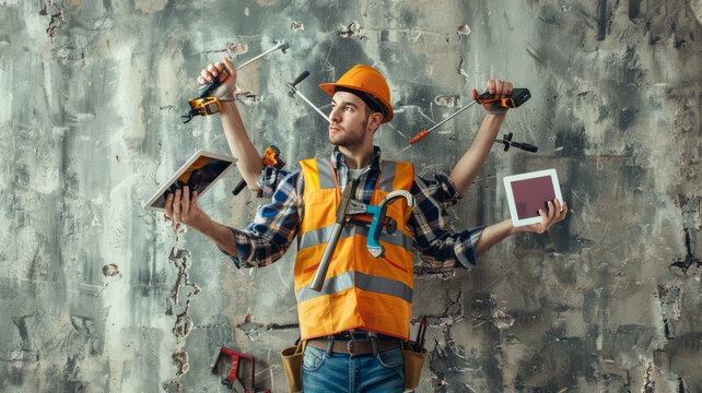 construction worker with many human arms, busy with holding too many things, phone, tablet, bluebrints, construction tools generative ai