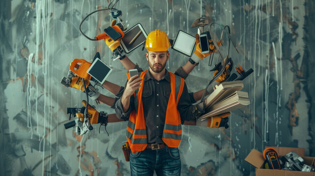 construction worker with many human arms, busy with holding too many things, phone, tablet, bluebrints, construction tools generative ai
