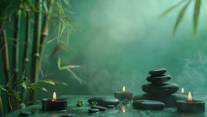 Composition of spa treatment on grey wall with burning candles. Healthy therapy space with hygiene care.