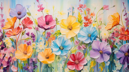 Fototapeta na wymiar bright colorful flowers painted with oil paints. colors of rainbow. summer floral background