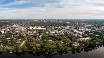 Aerial photograph of downtown Orlando, Florida, USA. in the distance. April 1, 2024. Above Lake...