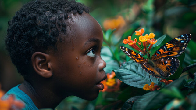  A boy exploring a butterfly garden in a park, his eyes wide with wonder as he gazes at the camera.