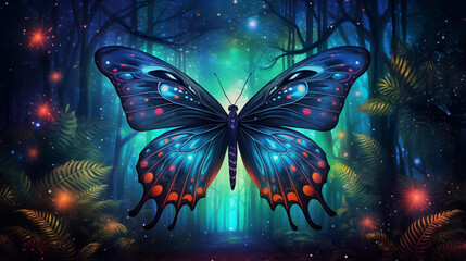 bright colorful tropical butterfly in a mysterious forest against the backdrop of the cosmic starry sky