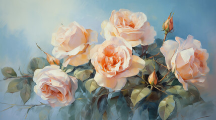 delicate peach-colored roses on a soft blue background painted with oil paints. beige roses on blue