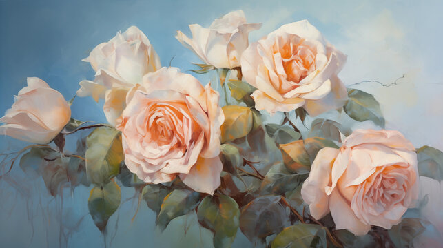delicate peach-colored roses on a soft blue background painted with oil paints. beige roses on blue