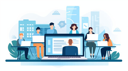 Office laptop, diversity and business people reading online report, website design feedback or research project. Collaboration, staff mentor and team designer working on company homepage development