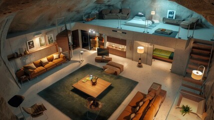 large bunker with rooms and beds with bathrooms underground in high resolution and high quality