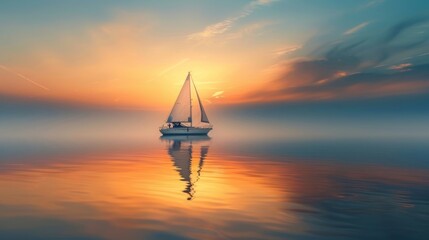 A solitary sailboat drifts lazily across a glassy lake, its billowing sails reflecting the soft...
