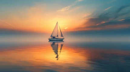 Poster A solitary sailboat drifts lazily across a glassy lake, its billowing sails reflecting the soft hues of sunset. © ishtiaaq